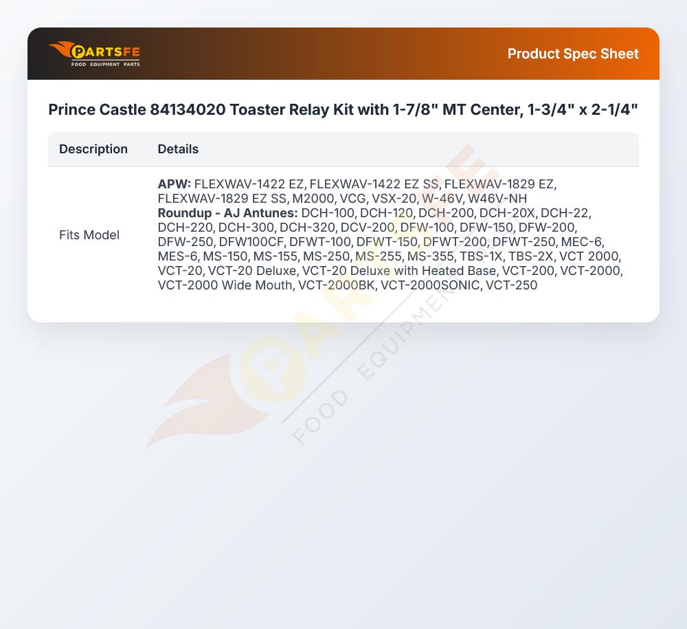 Prince Castle 84134020 Toaster Relay Kit with 1-7/8" MT Center, 1-3/4" x 2-1/4"