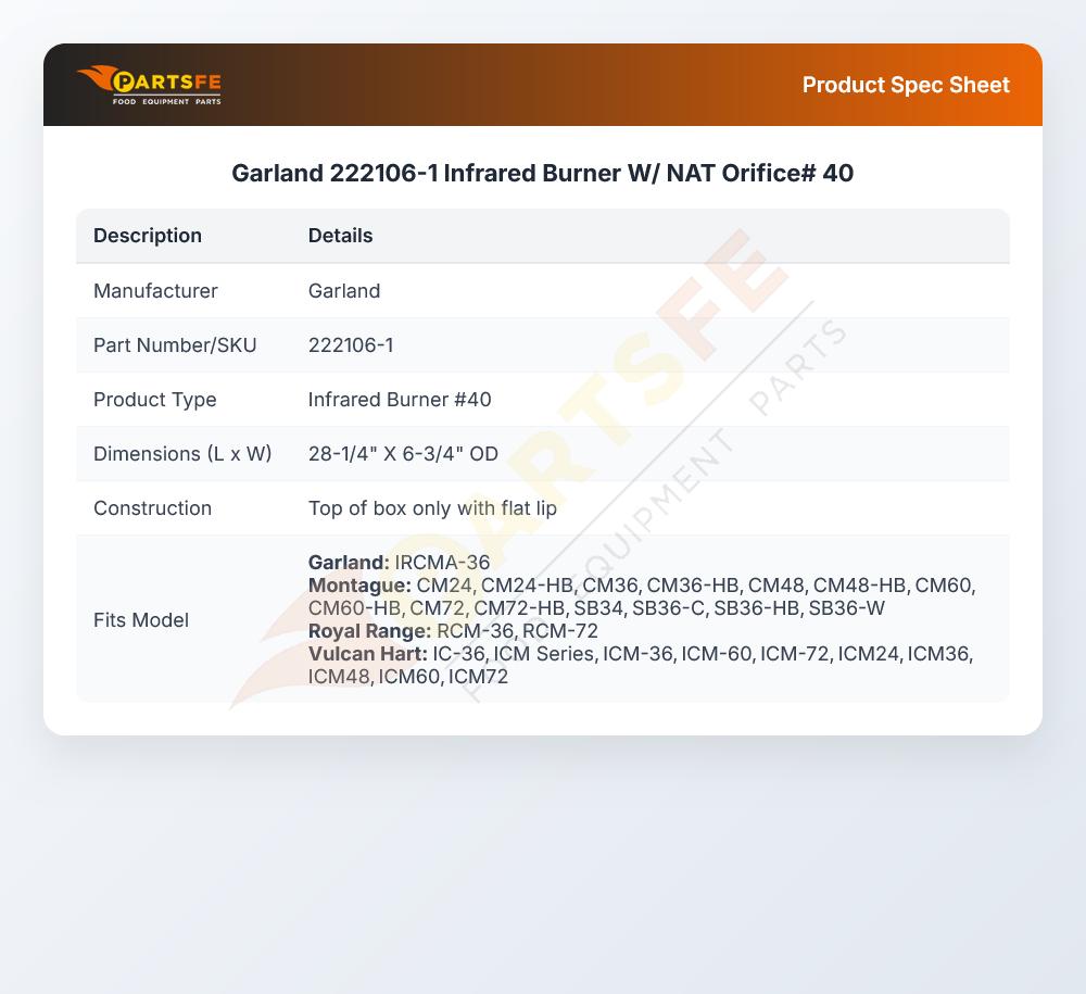 Garland 222106-1 Infrared Burner W/NAT Orifice #40