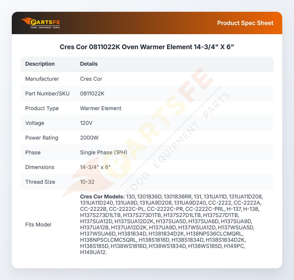 Cres Cor 0811022K Oven Warmer Element 14-3/4" X 6" 1850W 120V 1PH