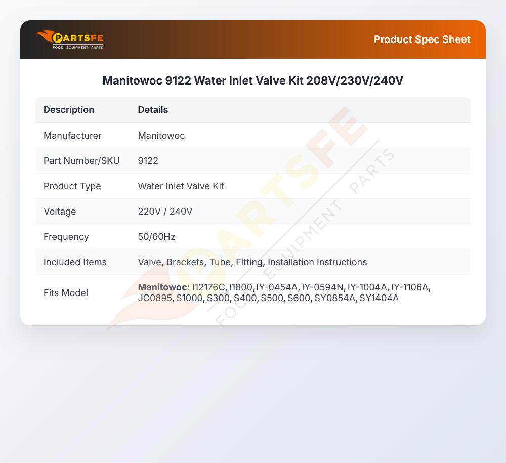 Manitowoc 9122 Water Inlet Valve Kit 208V/230V/240V